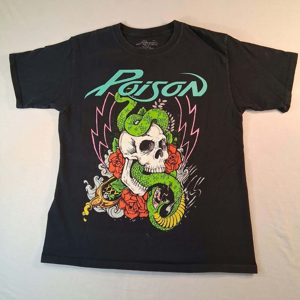 Poison Band T Shirt Mens Medium Black Skull Snake Roses Graphic Tee C-Life 2019